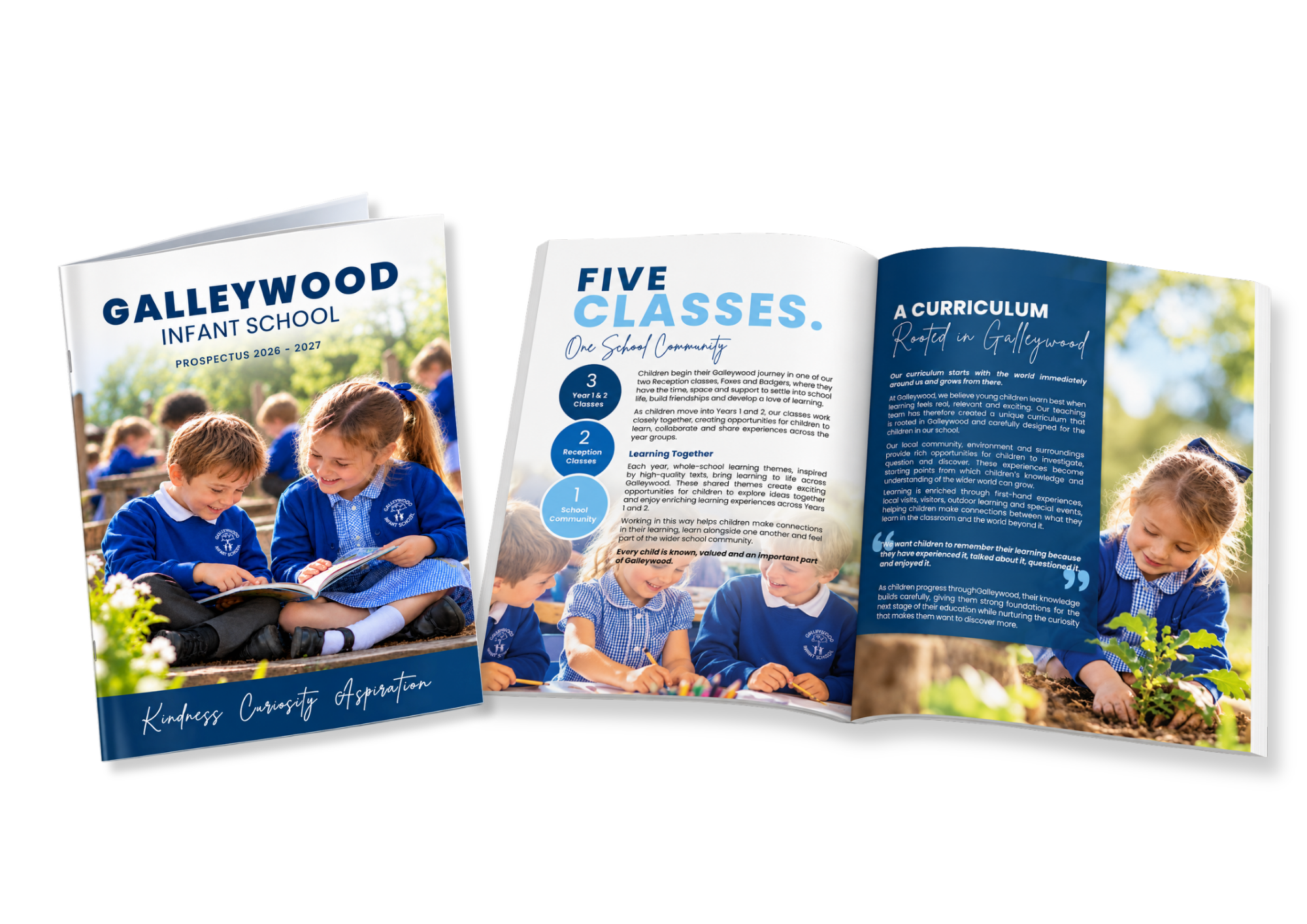 Galleywood Infant School prospectus cover and open spread, designed by The School Story